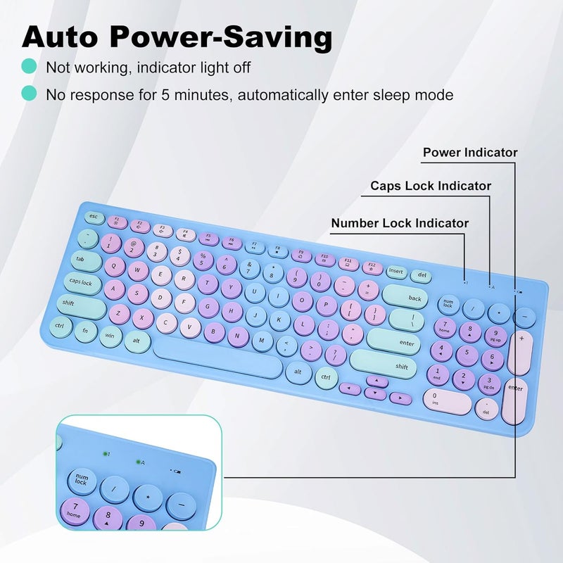 GUKJOB Wireless Keyboard and Mouse Combo, Retro Typewriter Keyboard with Round Keycaps, 2.4GHz USB Cute Wireless Keyboard Mouse for Computer, Desktop, Laptop and Computer (Rainbow Blue) - Image 3